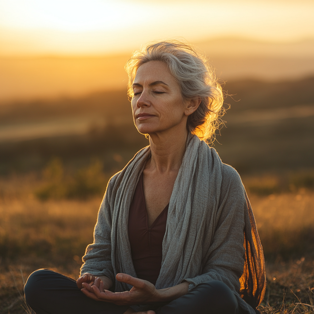 Жінка виконує асану лотоса на заході сонця, демонструючи досконалу техніку медитації